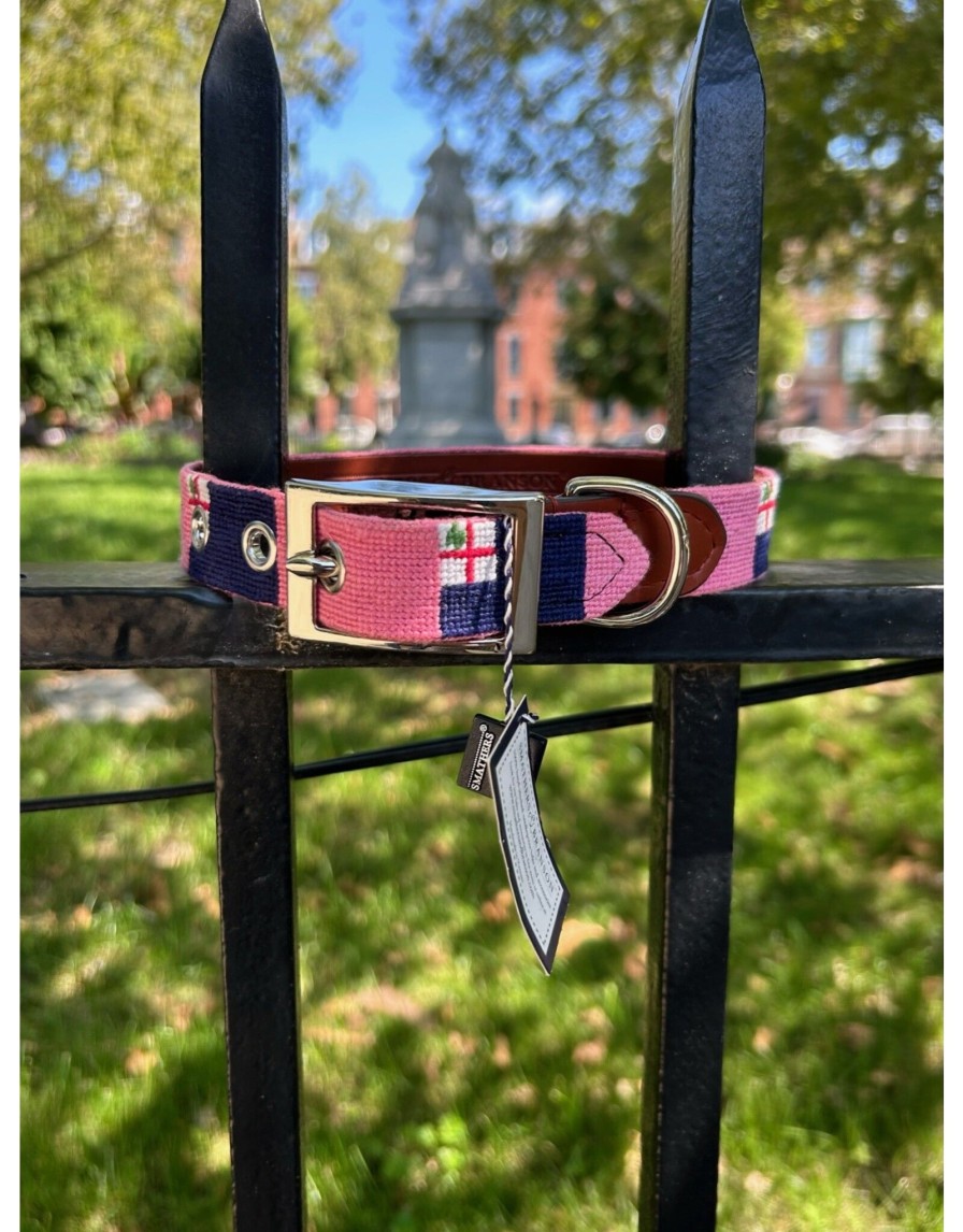 Lifestyle Place and Gather | Needlepoint Bunker Hill Flag Dog Collar In Pink